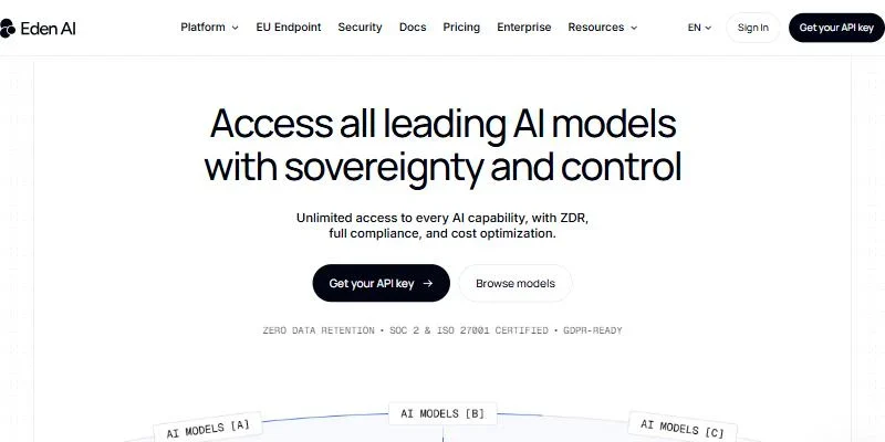 Page d’accueil du site Eden AI, plateforme d’api d’intelligence artificielle