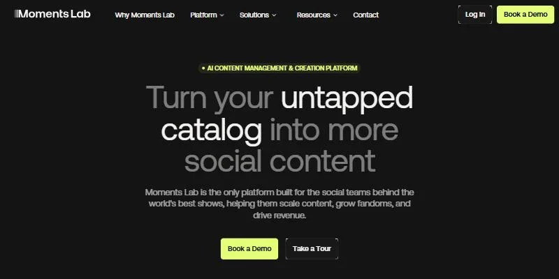 Page d’accueil du site Moments Lab, ia de gestion de contenus vidéo pour les médias